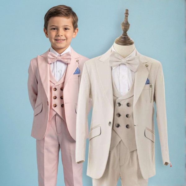 Boy Slim-Fit 5-Piece Cotton Suit, Beige Pink