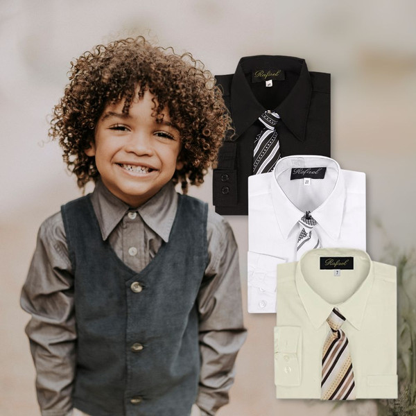Boy Shirt and Tie Regular Fit, Black Gray White
