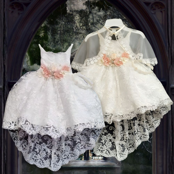 3-piece Floral Lace Dress Gown with Train, White Ivory