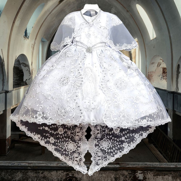 3-piece White Puff Sleeves Virgin Mary Dress Gown with Train