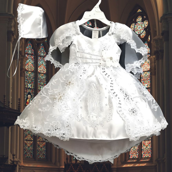 3-piece White Virgin Mary Dress Gown Bonnet