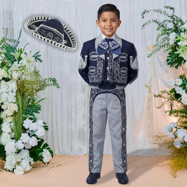 6-piece Suede Charro Suit with Hat, Navy