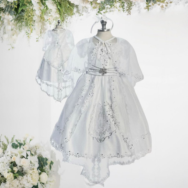 3-piece White Drop Shoulder Puff Sleeves Virgin Mary Gown with Train