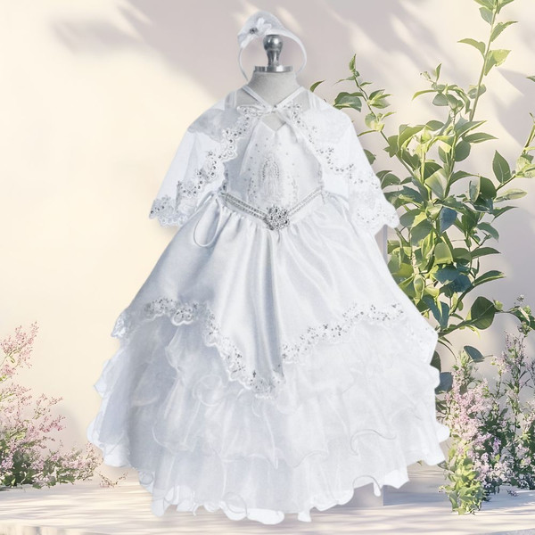 3-piece White Drop Shoulder Puff Sleeves Virgin Mary Gown with Ruffles
