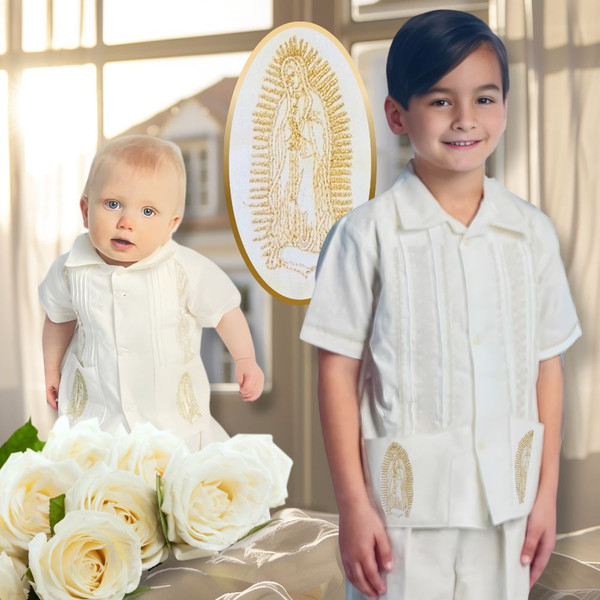 Baby to Teen 3-piece Guayabera Virgen Shirt Shorts Pants Set, Ivory