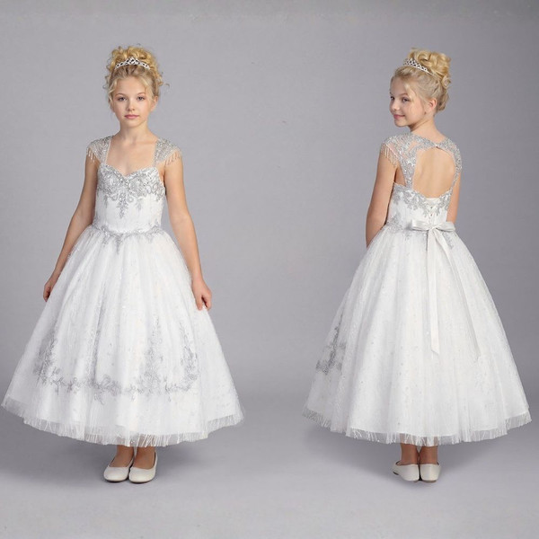 White Silver Embroidered Floral Tulle Gown