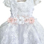 3-piece Floral Lace Puff Sleeves Gown with Train & Bonnet, White Ivory