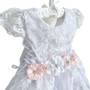 3-piece Floral Lace Puff Sleeves Gown with Train & Bonnet, White Ivory