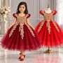 Gold Embroidery Sparkle Tea Length Dress, Red Wine