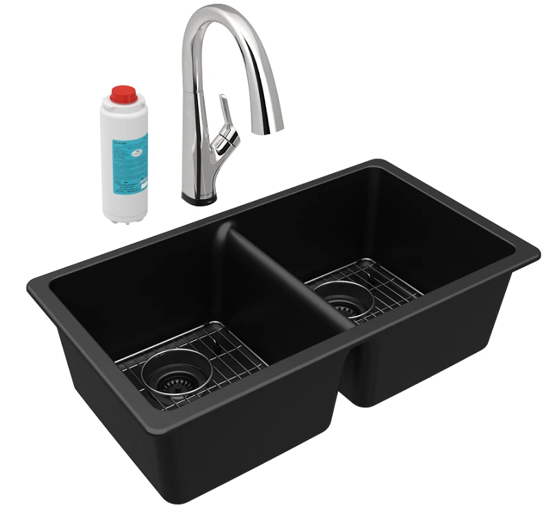 Elkay ELGU3322BK0FLC Quartz Double Bowl Undermount Sink