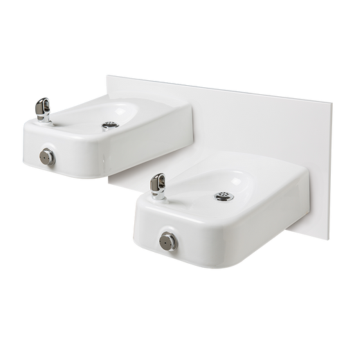 Haws 1501, "Hi-Lo" Barrier-Free, Wall Mounted, Dual White Enameled Iron Drinking Fountains with a Back Panel, (Non-Refrigerated)