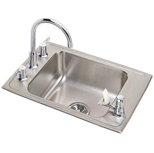 Elkay DRKAD251740C Lustertone Classic Stainless Steel 25" x 17" x 4", 4-Hole Single Bowl Drop-in Classroom ADA Sink with Faucet and Bubbler Kit