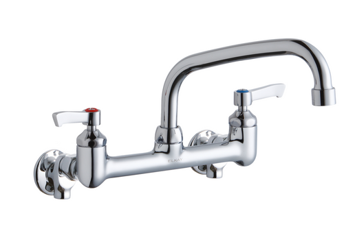 Elkay LK940AT08L2S Commercial Faucet, Food Service, 8" Arc Tube Spout, 2" Lever Handle, Shut Off Valve, 8" Centerset, Wall Mounted, ADA