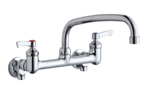 Elkay LK940AT10L2S Commercial Faucet, Food Service, 10" Arc Tube Spout, 2" Lever Handle, Shut Off Valve, 8" Centerset, Wall Mounted, ADA