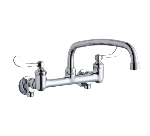 Elkay LK940AT14T4S Commercial Faucet, Food Service, 14" Arc Tube Spout, 4" Wristblade Handle, Shut Off Valve, 8" Centerset, Wall Mounted, ADA