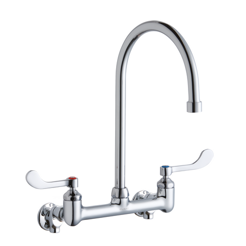 Elkay LK940GN08T4S Commercial Faucet, Scrub and Hand Wash, 8" Centerset, 8" Gooseneck Spout, 4" Wristblade Handle, Shut Off Valve, Wall Mounted, ADA