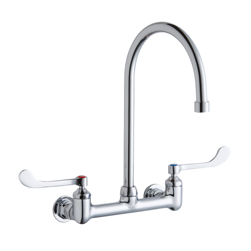 Elkay LK940GN08T6H Commercial Faucet, Scrub and Hand Wash, 8" Centerset, 8" Gooseneck Spout, 6" Wristblade Handle, Wall Mounted, ADA