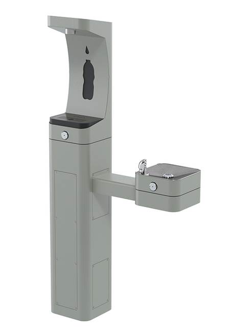Haws 3611F heavy-duty outdoor, ADA filtered pedestal bottle filler and drinking fountain with matte silver powder-coated finish, non-refrigerated