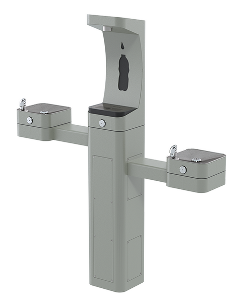 Haws 3612F heavy-duty outdoor, ADA filtered pedestal bottle filler and drinking fountain with matte silver powder-coated finish, non-refrigerated