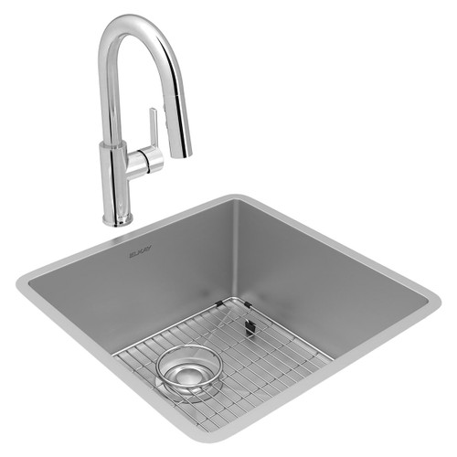 Elkay ECTRU17179TFCBC Crosstown 18 Gauge Stainless Steel 18-1/2" x 18-1/2" x 9", Single Bowl Undermount Sink with Faucet Kit, Bottom Grid and Drain