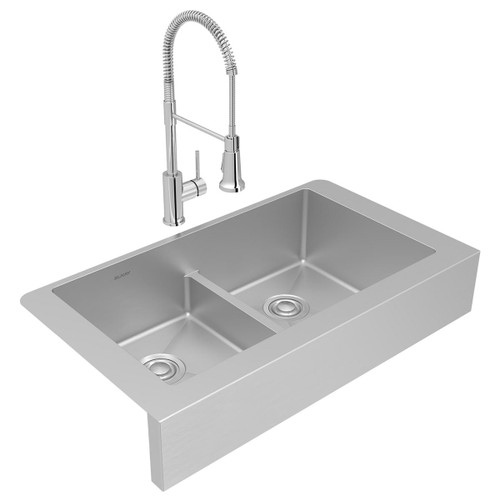 Elkay ECTRUFA32179FCC Crosstown 18 Gauge Stainless Steel 35-7/8" x 20-1/4" x 9", Equal Double Bowl Farmhouse Sink and Faucet Kit with Aqua Divide and Drain