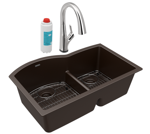 Elkay ELGHU3322RMCFLC Quartz Classic 33" x 22" x 10", Offset 60/40 Double Bowl Undermount Sink Kit with Filtered Faucet with Aqua Divide, Mocha