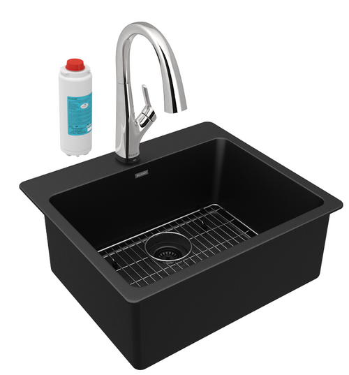 Elkay ELG2522BK0FLC Quartz Classic 25" x 22" x 9-1/2", Single Bowl Drop-in Sink Kit with Filtered Faucet, Black
