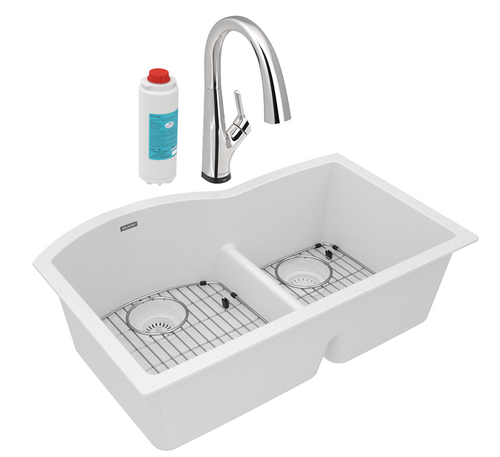 Elkay ELGHU3322RWHFLC Quartz Classic 33" x 22" x 10", Offset 60/40 Double Bowl Undermount Sink Kit with Filtered Faucet with Aqua Divide, White