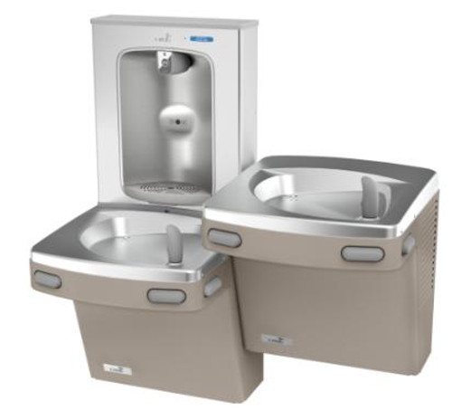 Oasis PGF2EBQSL SSA SAN Versacooler II Universal Drinking Fountain, QUASAR UVC-LED VersaFiller Stainless Steel Alcove with Hands Free Activation, Bi-Level, Remedi Filter, Non-Refrigerated, Sandstone
