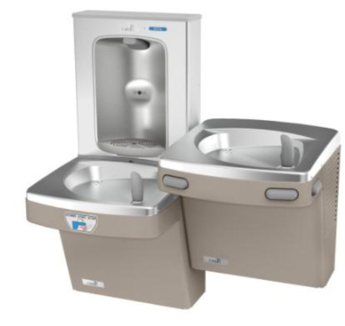 Oasis PG8FEBFSLTM SSA SAN Contactless Bi-Level Refrigerated Drinking Fountain with Filtered Electronic Bottle Filler, VersaFiller Stainless Steel Alcove, Only One Unit is Sensor Activated, Sandstone
