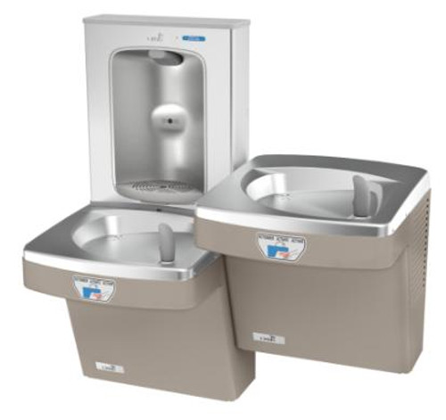 Oasis PG8FEBFSLTT SSA SAN Contactless Bi-Level Refrigerated Drinking Fountain with Filtered Electronic Bottle Filler VersaFiller Stainless Steel Alcove, Sandstone