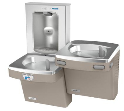 Oasis PGFEBFSLTM SSA SAN Contactless Bi-Level Drinking Fountain with Filtered Electronic Bottle Filler Stainless Steel Alcove, Only One Unit is Sensor Activated, Non-Refrigerated, Sandstone