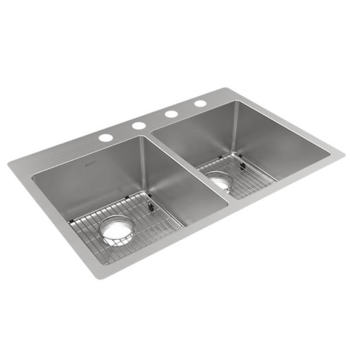 Elkay ECTSR33229TBG4 Crosstown 18 Gauge Stainless Steel 33" x 22" x 9", 4-Hole Equal Double Bowl Dual Mount Sink Kit