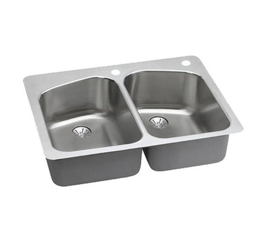 Elkay LKHSR33229PD2R Lustertone Classic Stainless Steel 33" x 22" x 9", 2R-Hole Equal Double Bowl Dual Mount Sink with Perfect Drain