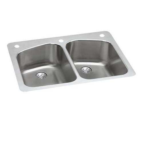 Elkay LKHSR33229PD3 Lustertone Classic Stainless Steel 33" x 22" x 9", 3-Hole Equal Double Bowl Dual Mount Sink with Perfect Drain