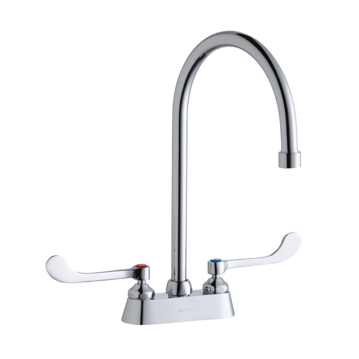 Elkay LK406GN08T6 Commercial Faucet, Scrub and Hand Wash, 4" Centerset with Exposed Deck, 8" Gooseneck Spout, 6" Wristblade Handle, ADA Elkay LK406GN08T6 Commercial Faucet, Scrub and Hand Wash, 4" Centerset with Exposed Deck, 8" Gooseneck Spout, 6" Wristblade Handle, ADA