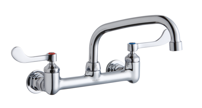 Elkay LK940AT08T4H Commercial Faucet, Food Service, 8" Arc Tube Spout, 4" Wristblade Handle, 8" Centerset, Wall Mounted, ADA