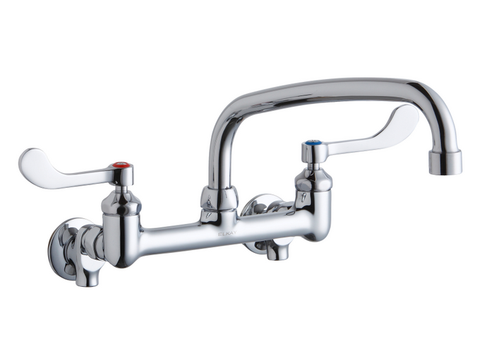 Elkay LK940AT10T4S Commercial Faucet, Food Service, 10" Arc Tube Spout, 4" Wristblade Handle, Shut Off Valve, 8" Centerset, Wall Mounted, ADA