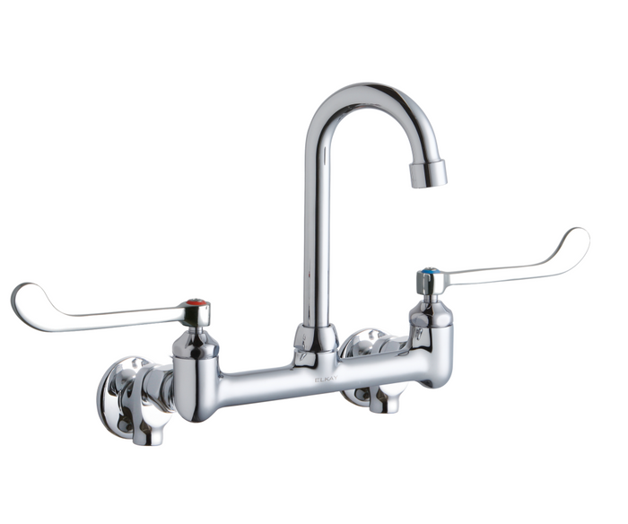 Elkay LK940GN04T6S Commercial Faucet, Scrub and Hand Wash, 8" Centerset, 4" Gooseneck Spout, 6" Wristblade Handle, Shut Off Valve, Wall Mounted, ADA