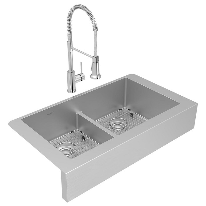 Elkay ECTRUFA32179FBC Crosstown 18 Gauge Stainless Steel 35-7/8" x 20-1/4" x 9", Equal Double Bowl Farmhouse Sink and Faucet Kit with Aqua Divide and Bottom Grid and Drain