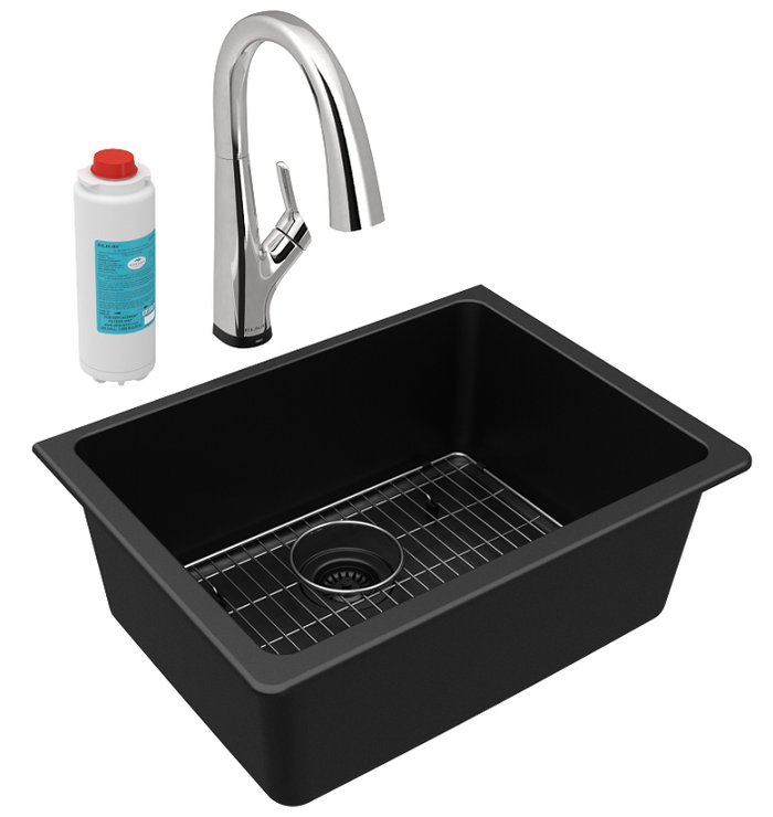 Elkay ELGU2522BK0FLC Quartz Classic 24-5/8" x 18-1/2" x 9-1/2", Single Bowl Undermount Sink Kit with Filtered Faucet, Black
