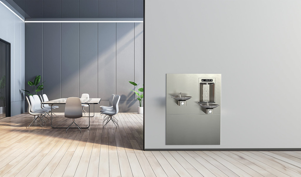 Elkay bottle filling station installed in a modern conference room