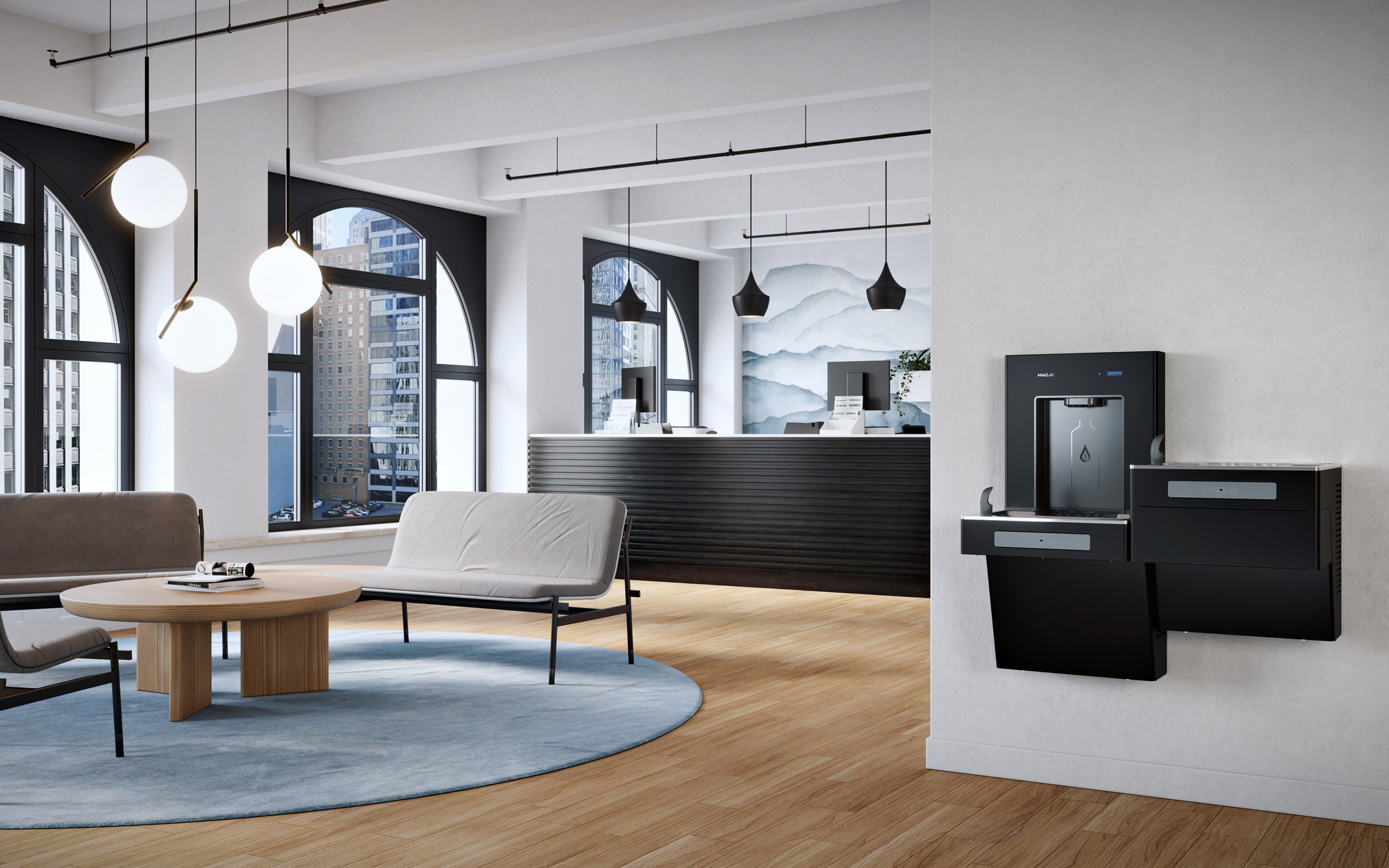Black hydration units in a modern loft office