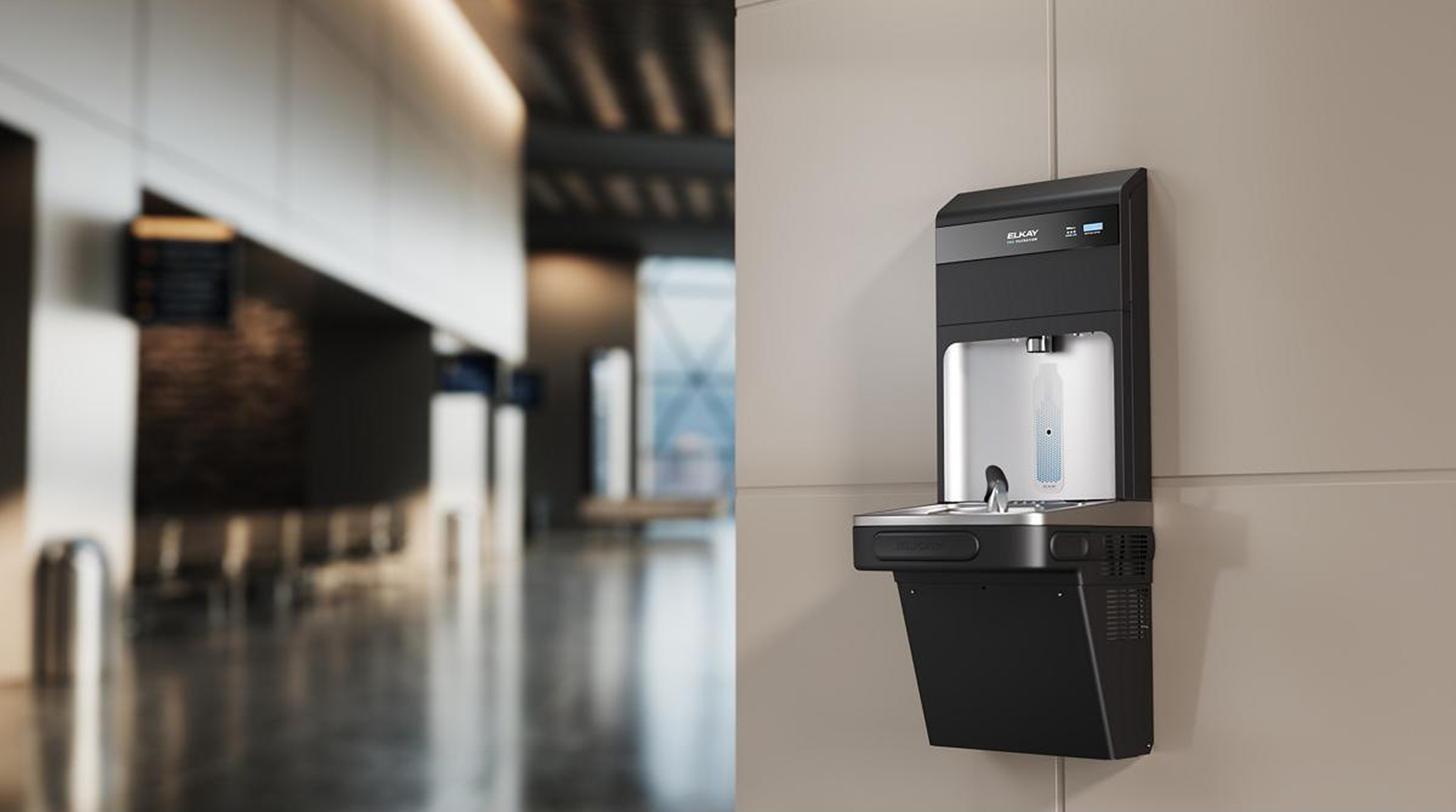 Elkay bottle filling station installed in a modern lobby