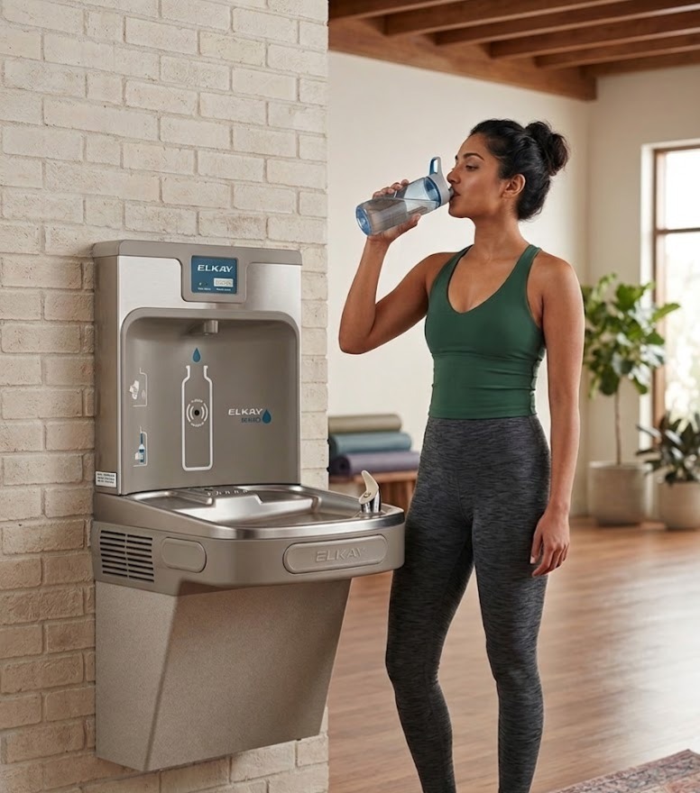 Green sustainable drinking fountain in use