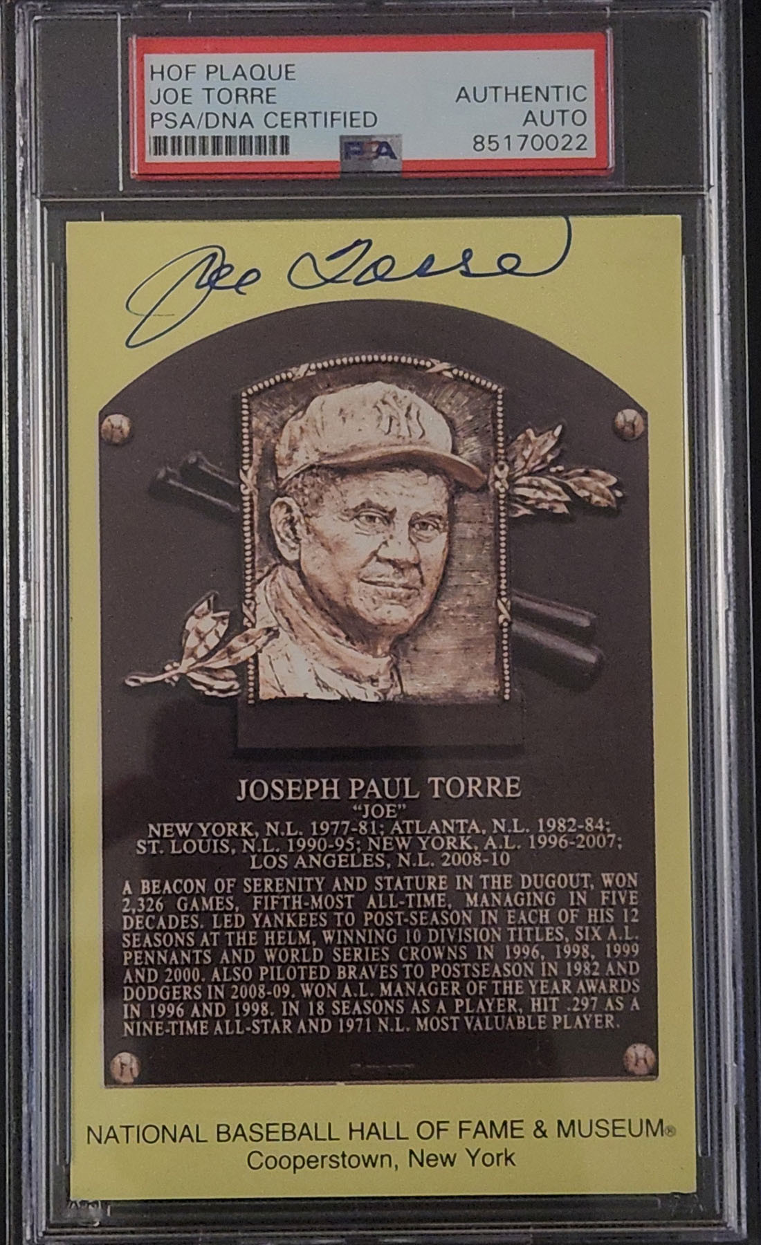 Joe Torre Autographed Hall of Fame Plaque Postcard