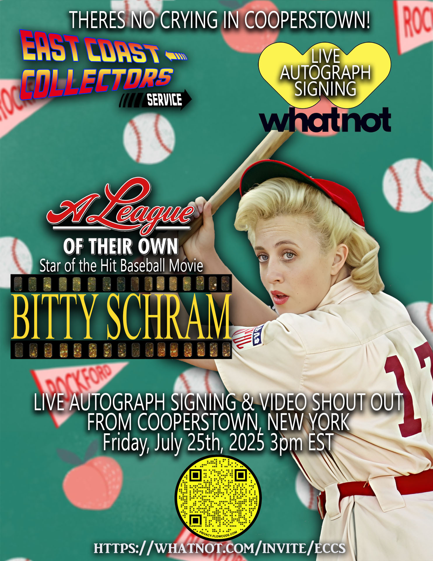 BITTY SCHRAM, LEAGUE OF THEIR OWN, EVELYN GARDNER, THERES NO CRYING IN BASEBALL, ROCKFORD PEACHES, DIRT IN THE SKIRT, MONK, SHARONA, EERIE CULTURE FEST, MIGHTY DUCKS, STAR TREK, scream, charmed, lawrence brothers, 90210, cool runnings, full house, AUTHENTIC, BECKETT, JSA, COA, HOLO, HOLOGRAM, GOALIE, DO YOU BELIEVE IN MIRACLES, MAJOR LEAGUE, HOOSIERS, RUDY, RICHIE RICH, BASIC INSTINCT, CONTROPOLIS NJ, WWE, POWER RANGERS, STAR WARS, ANIME,, movies, tv, films autograph signings, authentic