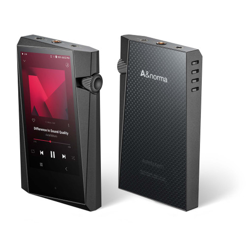 Angled front and back view of the Charcoal Grey SR35 showing volume knob, top headphone outputs, and textured rear panel with A logo pattern