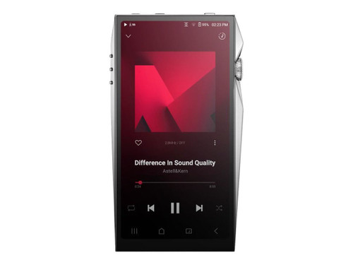 Front view of Astell & Kern SP4000 Silver digital audio player on white background, 6-inch 2K touchscreen with crimson UI, 904L stainless steel body