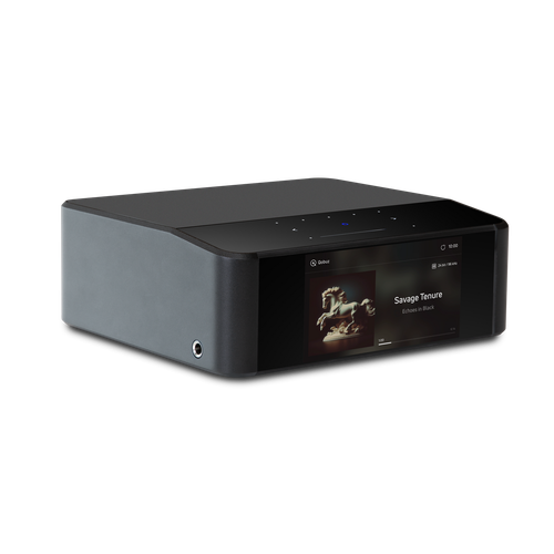 Bluesound Node Icon N530 three-quarter angle view, gloss black finish, 6.3mm headphone jack visible on left side, white background